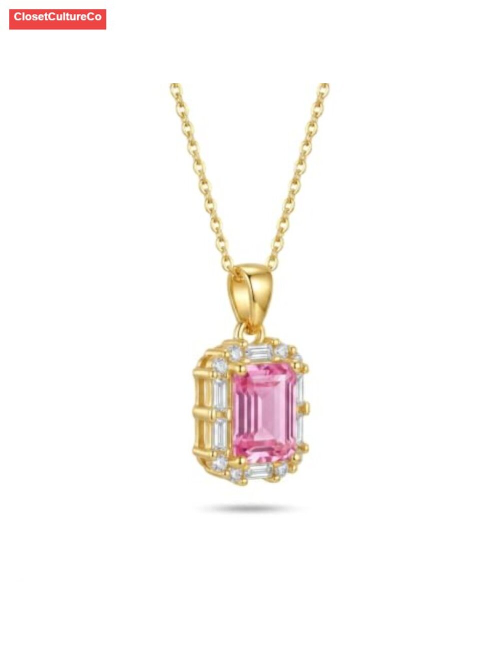 14K Gold Plated Pink Emerald Cut CZ Halo Pendant Necklace